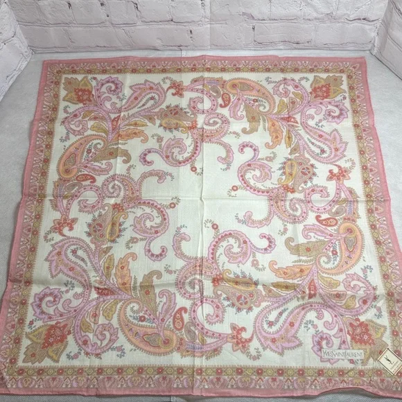 Yves Saint Laurent Pink and Cream Paisley Handkerchief Scarf 18x18in - Picture 2 of 9